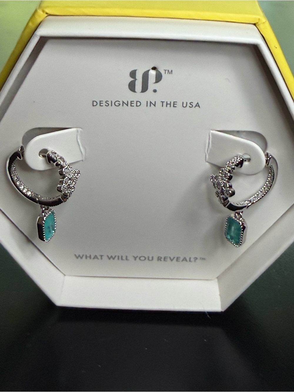 Silver Crystal Hoop Earrings with Teal Stone Drops